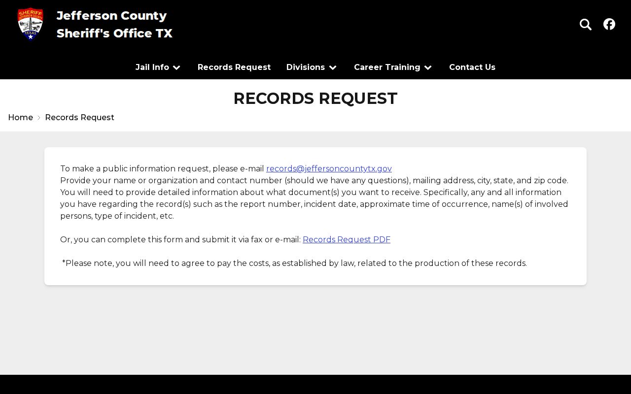 Jefferson County warrant records reference, public-information request page