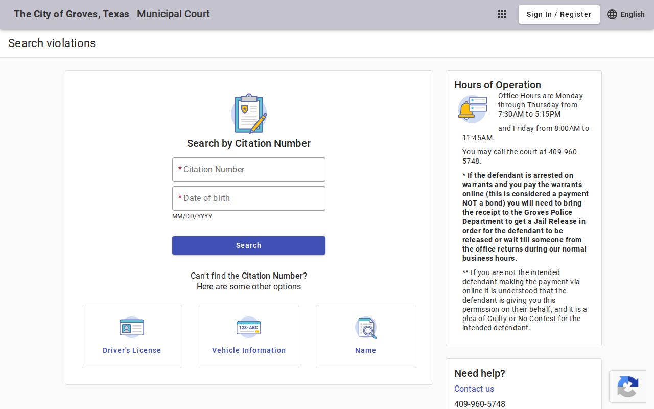 Groves warrant records reference, Municipal Court search modes